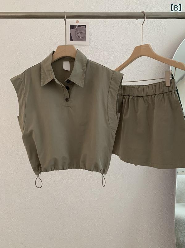 シャツ レディース ノースリーブ ブラウス + キュロットパンツ セットアップ 綿混...