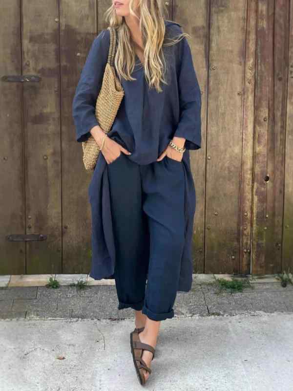 セットアップ レディース Vネック ワンピース ロングスカート ポケット付き ゆったり 婦人服 カジュアル 韓国風 春夏 ホワイト イエロー ブルー グレー ブラック パープル ライトブルー グリーン オレンジ