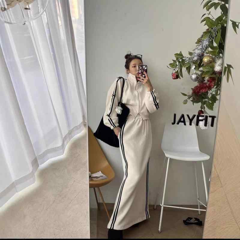 セットアップ レディース 秋冬 ストライプ パーカー トレーナー ＋ 美脚 ロングスカート 2点セット プリンセススリーブ ゆったり 部屋着 ルームウェア 普段使い M L XL XXL グレー ブラック ベージュ