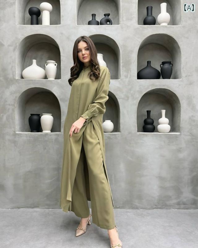 セットアップ レディース 長袖シャツ ブラウス ワイドパンツ 2点セット ポリエステ...