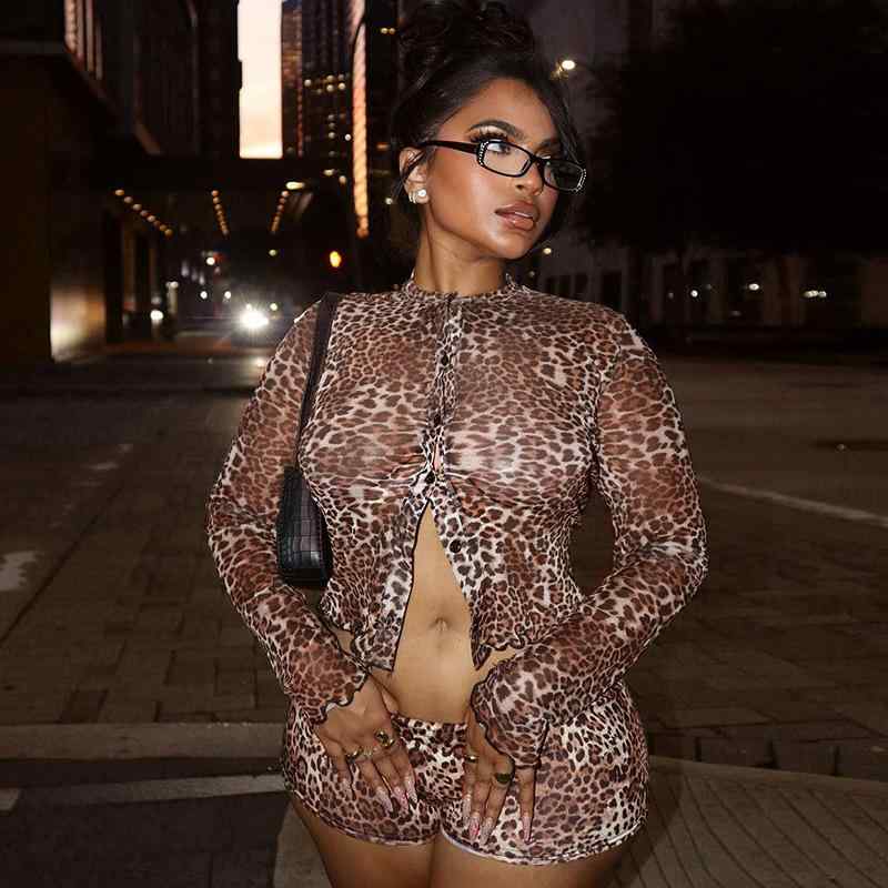 セットアップ レディース 秋冬 豹柄 シースルー 長袖 トップス ショートパンツ 上下 2点セット 韓国フ..