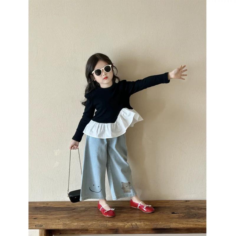 子供服 女の子 パンツセット 春秋 トップス デニムパンツ 2点セット フリル 長袖 かわいい おしゃれ 普段着