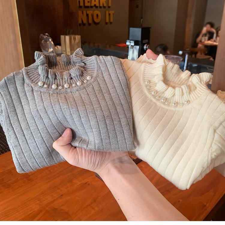ニット セーター キッズ 女の子 秋冬 裏起毛 韓国風 かわいい フリル トップス 子供 ベビー パール 暖かい 普段着