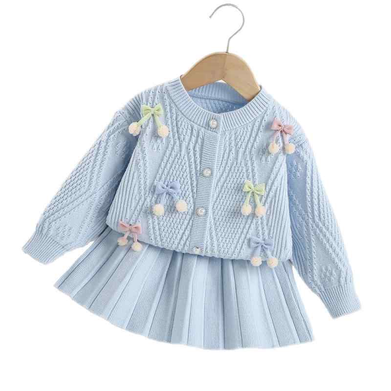 Occidental Goods - ニット セットアップ ガールズ 子供服 秋冬 長袖 カーディガン セーター スカート 上下セット かわいい 幼稚園 小学生 ブルー ピンク系
