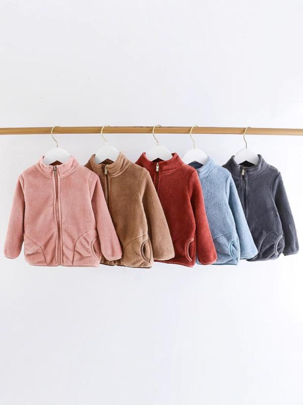 子供服 アウター 子供用 フリース ジャケット ベビー キッズ 男女兼用 長袖 厚手 防寒 立襟 ポリエステル 無地 ピンク系 ブルー系 ベージュ系 グレー 80 90 100 110 120 春秋冬 普段使い