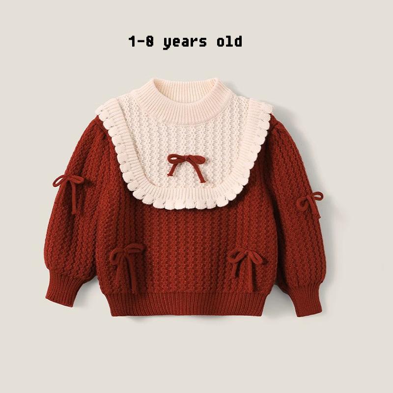 ニット キッズ ガールズ 子供服 セーター 秋冬 長袖 丸首 厚手 かわいい 蝶結び 切り替え トップス 普段着 通園 通学 ベージュ系 レッド系