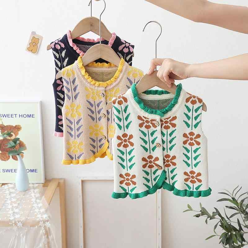 ニットベスト キッズ ベビー 花柄 レース Vネック ノースリーブ チョッキ 春秋 イエロー 黄色 グリーン 緑 ネイビー 紺色 ウール 綿 かわいい 幼稚園 保育園 普段着