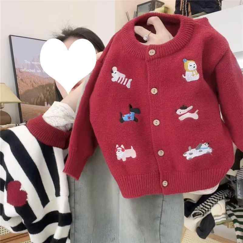 子供服 ニット カーディガン 秋冬 男女児兼用 レッド 小犬 かわいい セーター ベビー あったか アウター 綿100% 通園 普段使い
