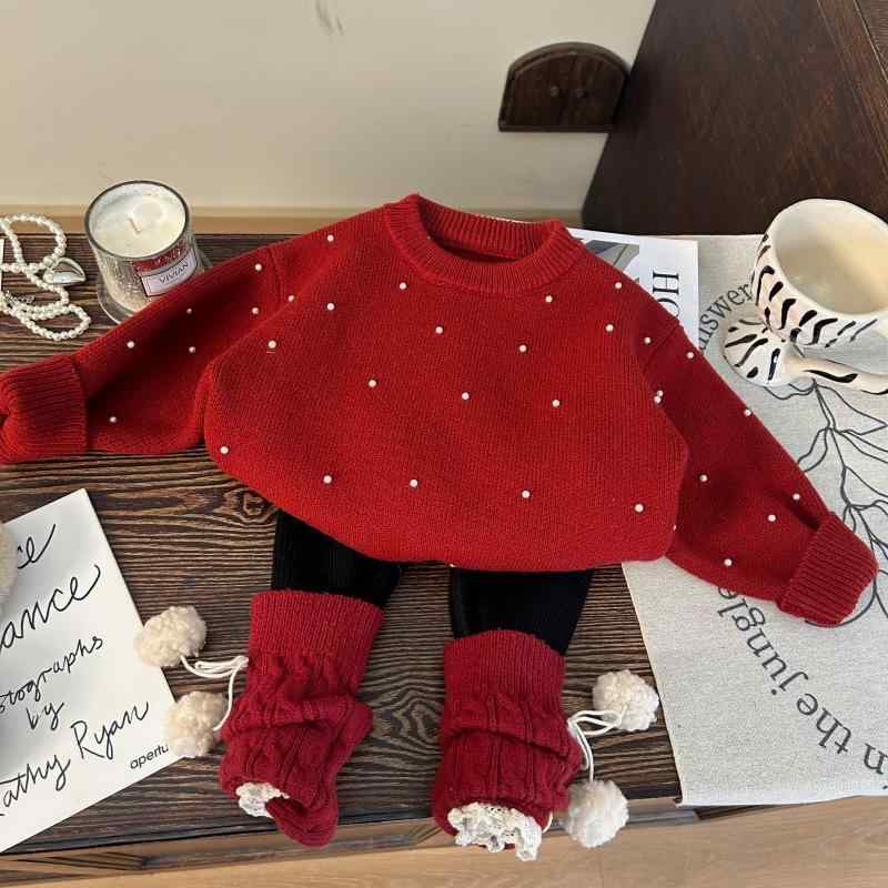 子供服 ニット 2 点セット 女の子 冬服 パール 赤色 ニット トップス 裏起毛 レギンス ズボン 上下セット 普段着 かわいい ガールズ キッズ 子供 80cm 90cm 100cm 110cm 120cm 130cm 140cm 150cm