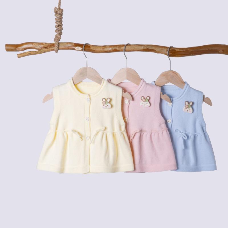 ニットベスト ガールズ 子供服 春秋 かわいい ウサギ柄 蝶結び付き セーター ベスト トップス 普段着 通園 通学 イエロー ピンク ブルー