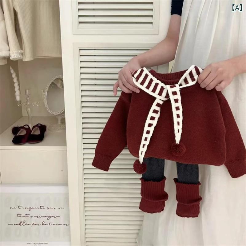 ニット・セーター 子供服 女の子 秋冬 赤色 ストライプ柄 ポンチョ風 暖かい かわいい 普段着