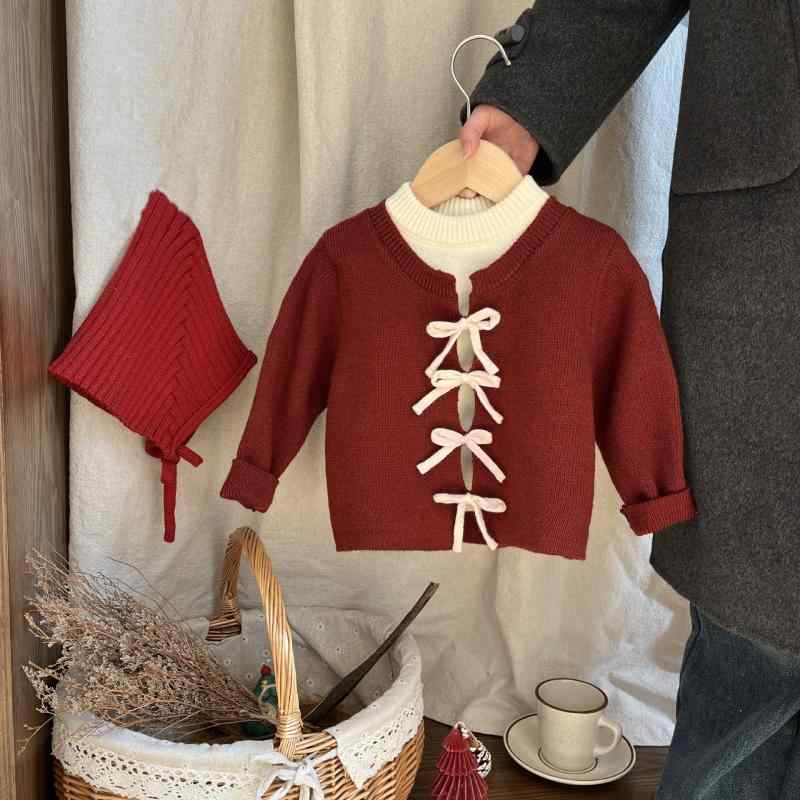 乐天商城 - ニット・セーター キッズ 女の子 幼児 クリスマス お正月 ニットセーター 厚手 かわいい 蝶結び 長袖 トップス 秋冬 防寒 普段使い