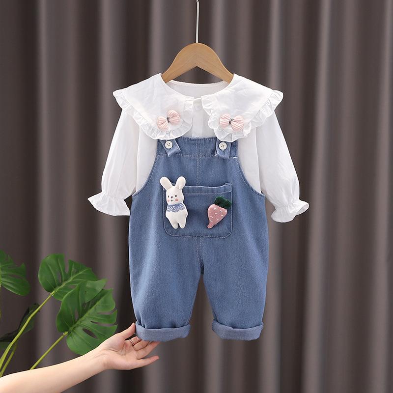 キッズ デニム オーバーオール セットアップ 春秋 長袖 トップス パンツ 2点セット 女の子 子供服 かわいい おしゃれ 普段着