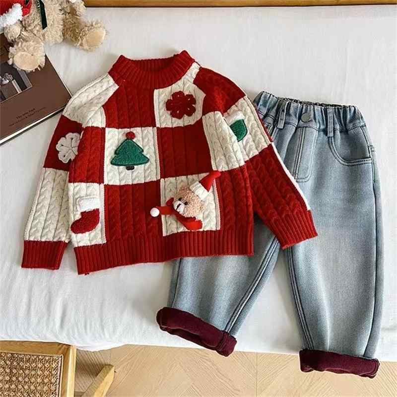 子供服 ニット セーター クリスマス 小熊 赤色 厚手 男女兼用 長袖 トップス 秋冬 綿 柔らかい かわいい 普段使い