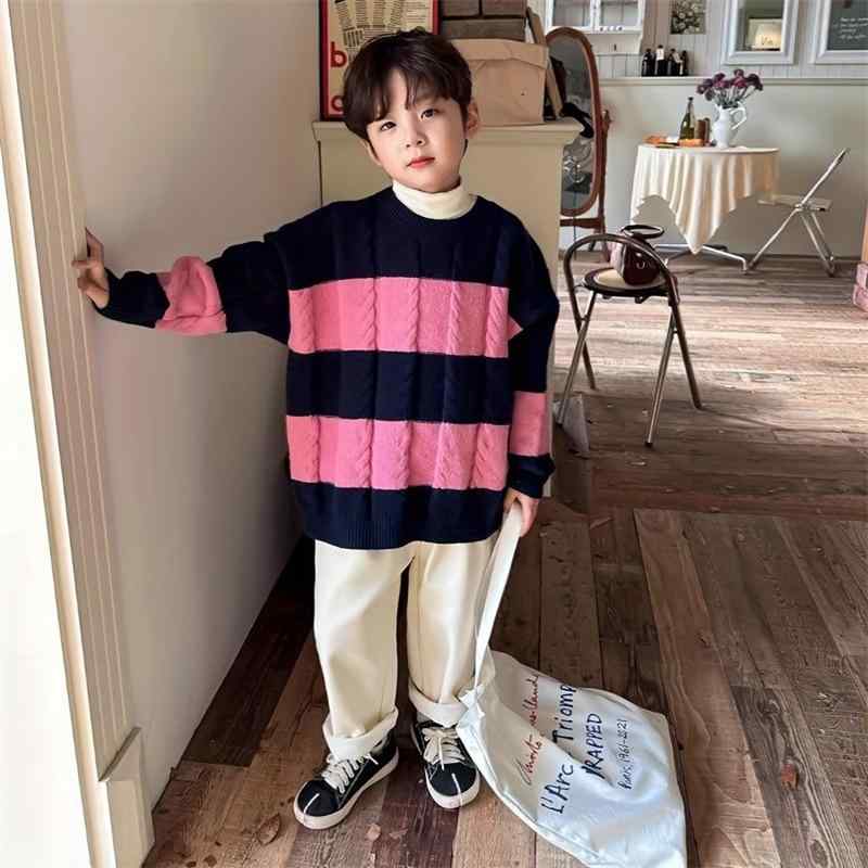 子供服 ニット・セーター 男の子 秋冬 ボーダー柄 丸首 プルオーバー 厚手 普段使い 通園着 ピンク系