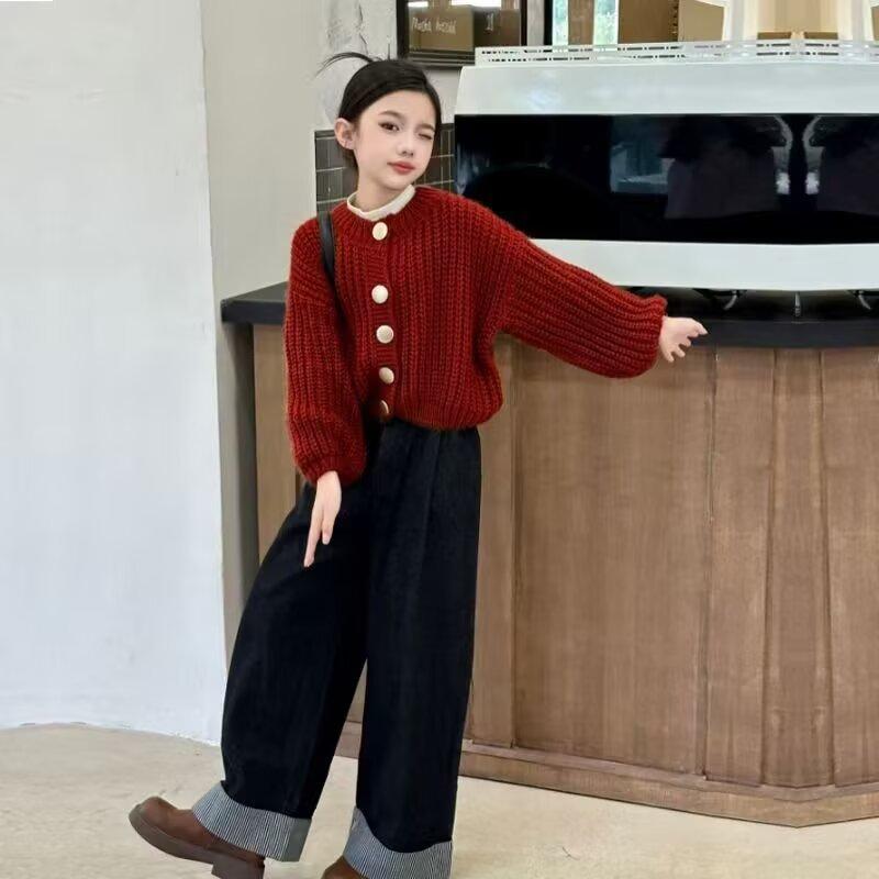 Other - ニット カーディガン 子供 女の子 秋冬 赤色 ニット キッズ ジュニア トップス 長袖 丸首 ストライプ 綿