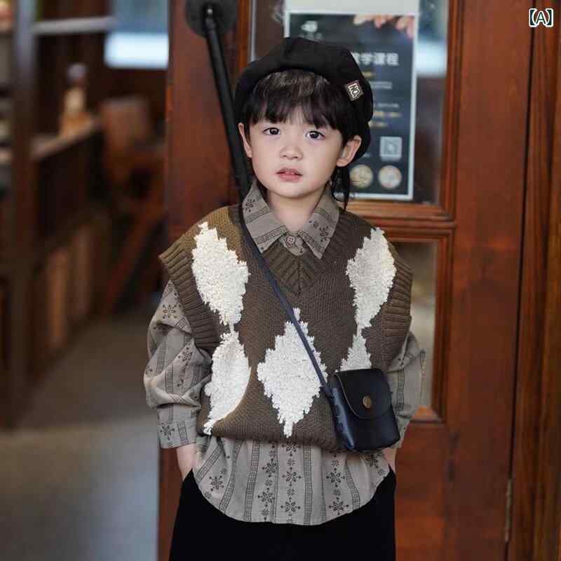 子供服 ニットベスト 男女兼用 レトロ 幾何学模様 Vネック セーター トップス 防寒 秋冬 綿 中小キッズ ベビー チョッキ 普段着