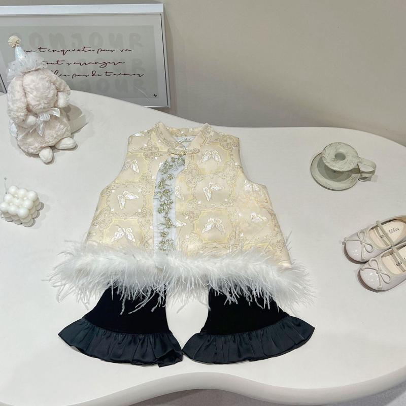 子供用ベスト パンツセット 秋冬物 中綿入り 新しい中国スタイル 薄黄色 ベスト ブラック フレアパンツ 2点セット かわいい ガールズ 上下セット