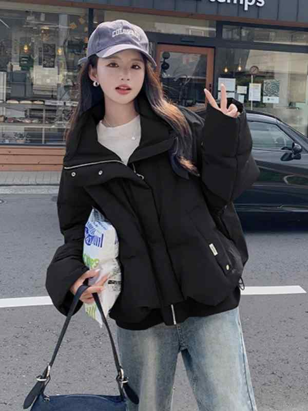 コート レディース 冬 ショート丈 中綿 ポリエステル ゆったり 厚手 カジュアル 黒 カーキ S M L XL