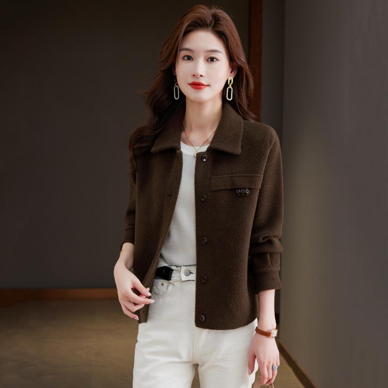 ニット ジャケット レディース 春秋 韓国風 ショート丈 襟付き カジュアル スプリング コート カーディガン トップス 婦人服 ゆったり 厚手 伸縮性 アウター 普段使い 長袖 茶色