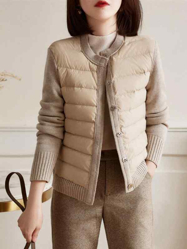 Coat - ニットカーディガン レディース 秋冬 アウター トップス 丸首 長袖 ポリエステル 綿 混紡 保温性 伸縮性 ゆったりシルエット 着痩せ 通勤 普段使い ブラック ベージュ系