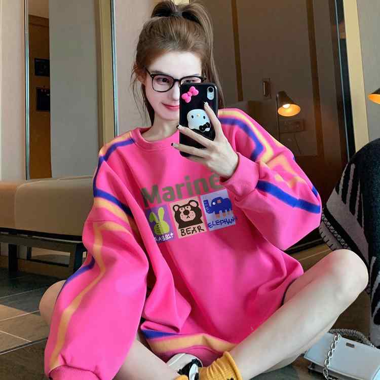 スウェット レディース 秋冬 裏起毛 ゆったり かわいい 長袖 プルオーバー トップス 幾何学模様 プリント 中長丈 杏色 ピンク系 110斤 130斤 150斤 170斤 部屋着 ルームウェア 普段使い