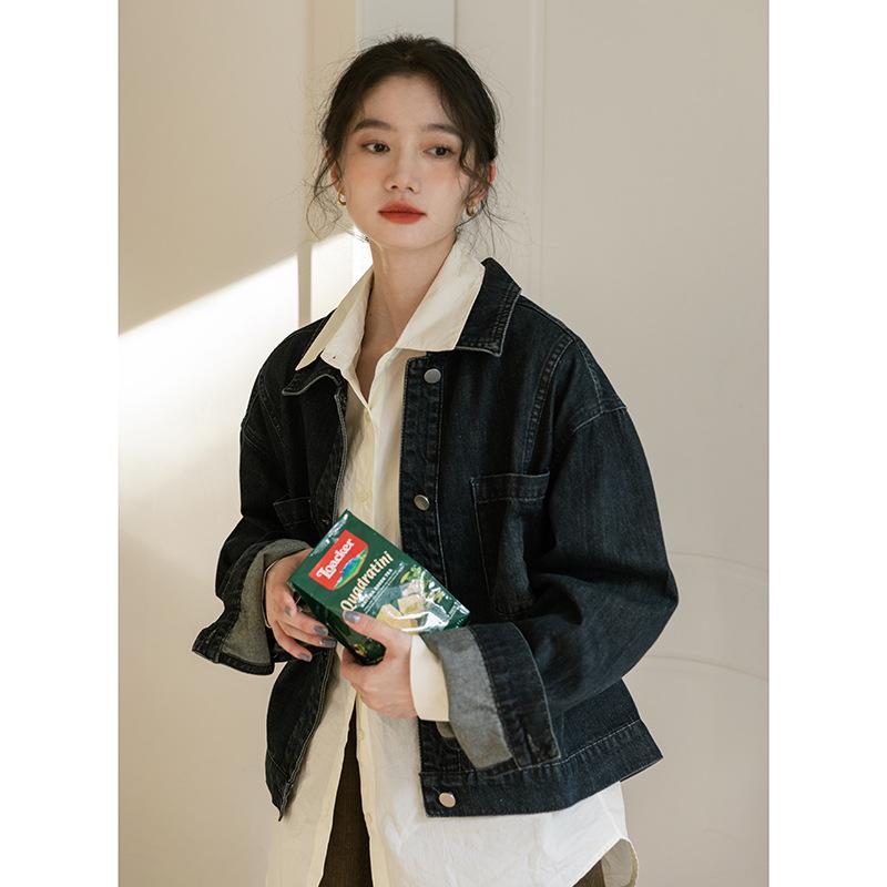 ジャケット レディース Gジャン デニム ブラック 黒 灰色 秋冬 韓国ファッション カジュアル ゆったり ショート丈 ドロップショルダー