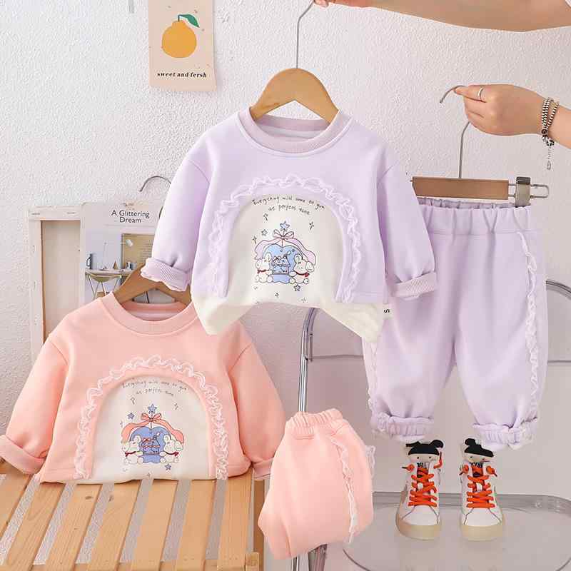 子供服 女の子 秋物 上下セット 80 90 100 長袖 トレーナー パンツ 小熊 アップル ピンク パープル か..