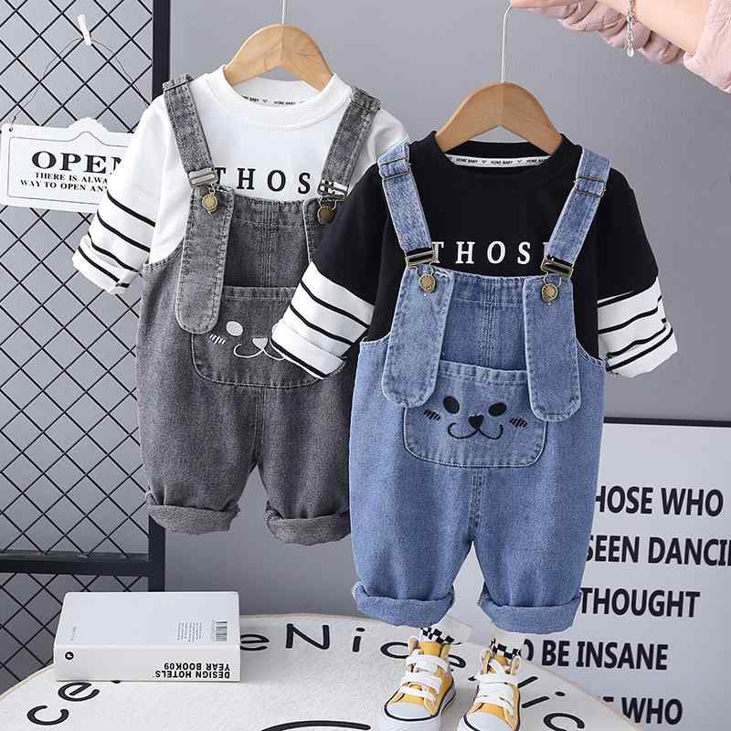 キッズ ボーイズ 秋物 ラウンドネック トップス デニム オーバーオール 2点セット 春秋 ベビー服 上下セット