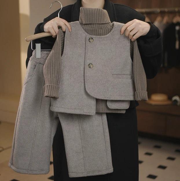 子供服 ニット 秋冬 厚手 男女兼用 パンツ 上下セット 3点セット グレー系 ブラウン系 90 100 110 120 130 140