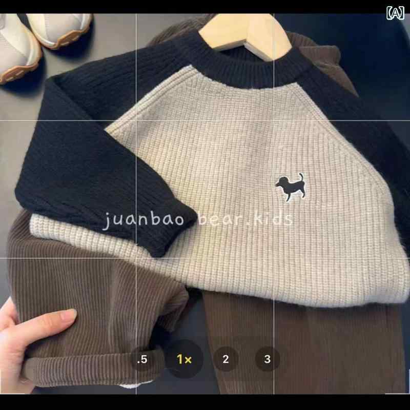 ニット キッズ 男女兼用 子供服 子犬 刺繍 ラウンドネック プルオーバー 厚手 秋冬 あったか かわいい ..