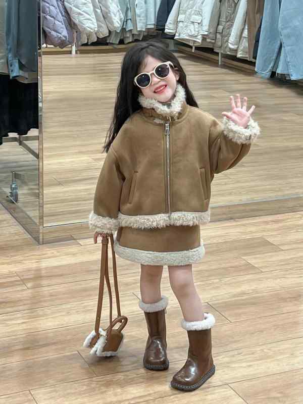 キッズ 冬 スエード ボア ジャケット スカート セットアップ 女の子 子供服 裏起毛 防寒 2点セット アウター ボトムス あったか かわいい