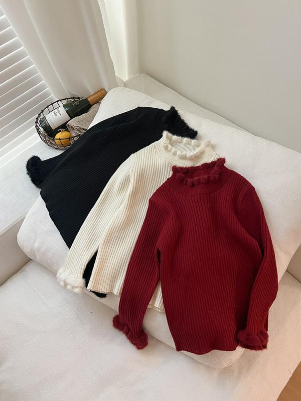 ニット セーター ガールズ 花柄 レース かわいい 子供服 トップス 秋冬 長袖 普段使い 通園 通学 発表会 赤 白 黒