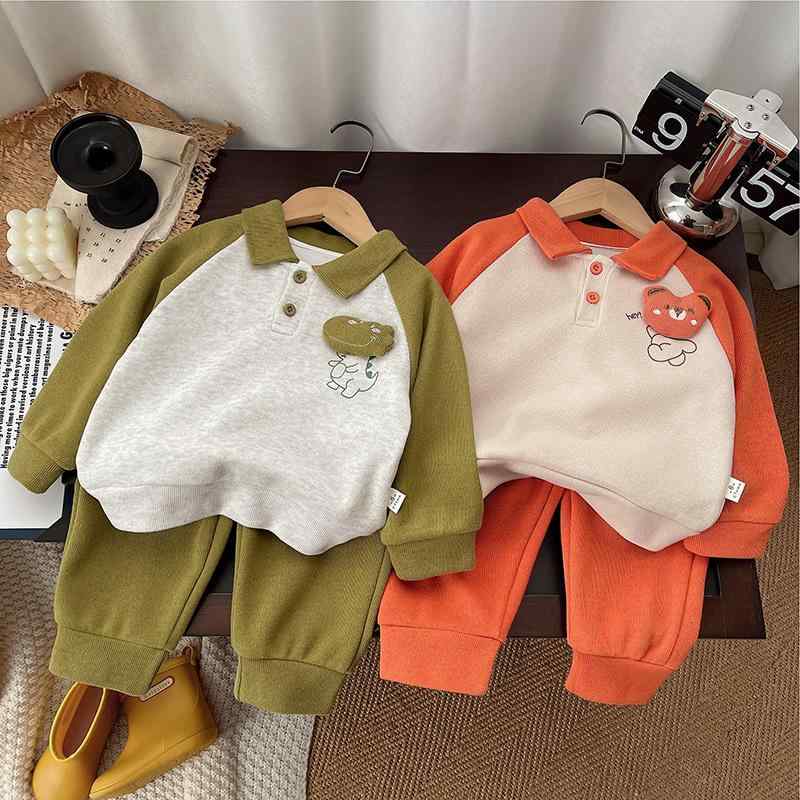 子供服 ポロシャツ & パンツ 上下セット ベビー服 長袖 薄手 綿 アニマル柄 かわいい 春秋 男の子 幼児 普段着 80 90 100 110 120cm