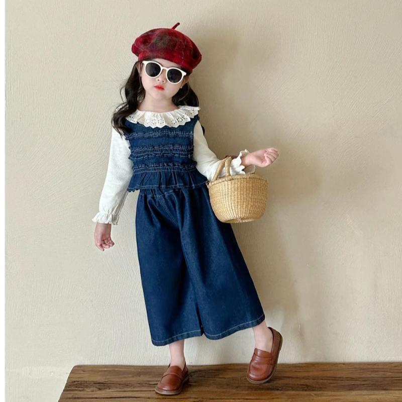 子供用パンツセットアップ 女の子 秋物 トップス デニムベスト ワイドレッグパンツ 3点セット 綿81~90% ミルクホワイトトップス デニムセットアップ かわいい ガールズ