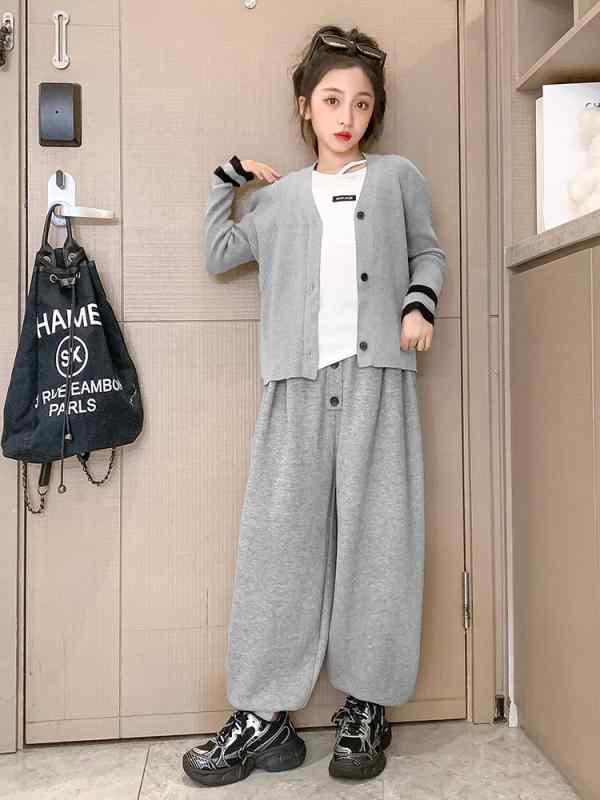 子供用ニット セットアップ ガールズ スポーツウェア 3点セット 女の子 秋服 長袖カーディガン ロングパンツ 上下セット