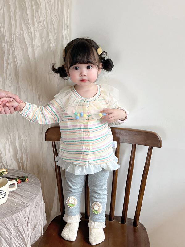 ベビー服 女の子 ニット カーディガン セットアップ 春秋 トップス 長袖 ボーダー柄 レース フリル かわいい おしゃれ 70 80 90 100