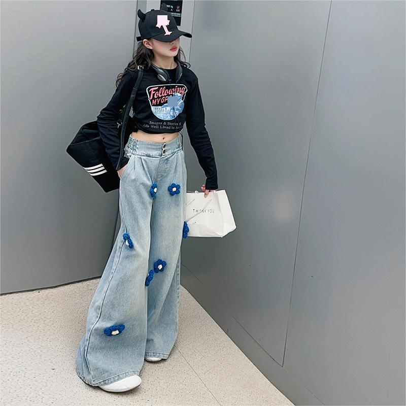 キッズ デニムパンツ セットアップ 春秋 女の子 花柄 厚手 ストレートパンツ トップス 2点セット 子供服 普段着