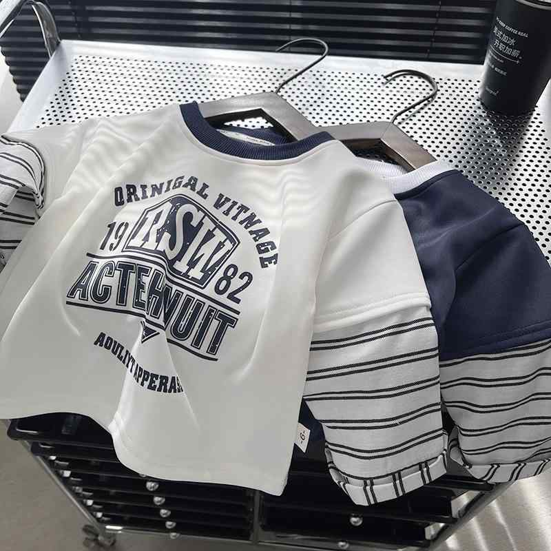 キッズ ボーイズ 春秋 セットアップ 長袖 Tシャツ パンツ 上下 2点 セット 綿 ストライプ アルファベット かわいい 幼児 普段着 おしゃれ