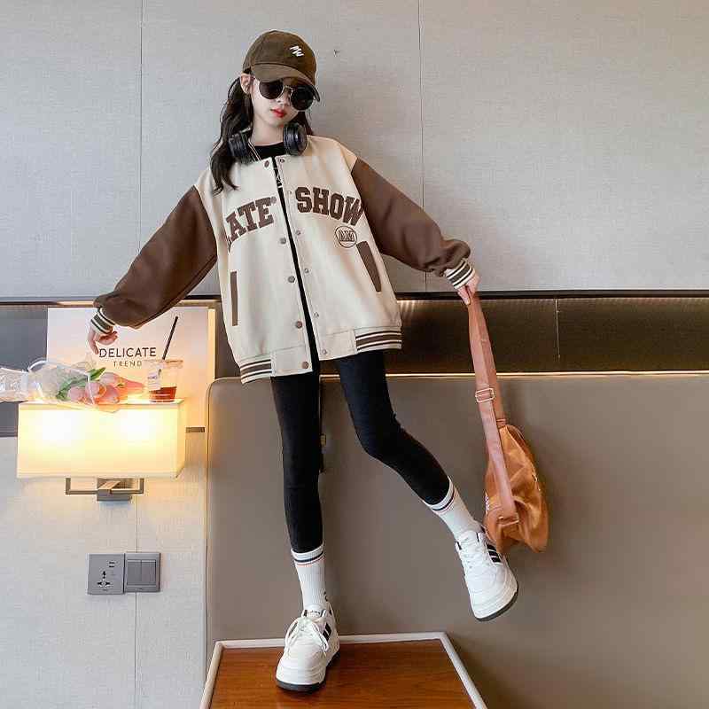 子供服 ジャケット 女の子 野球服 アウター 春秋 中童 大童 韓国風 かわいい 刺繍 厚手 リブ襟 ブラック コーヒー 130 140 150 160 170 綿