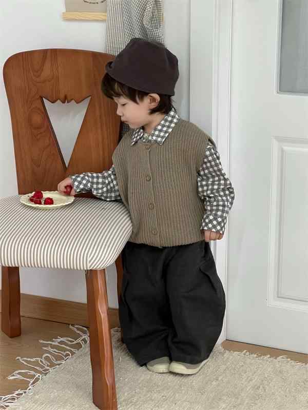 キッズ 男の子 ニットベスト 格子柄シャツ パンツ 3点セット 綿 ズボン トップス カットソー 上下セット 幼児 普段着 かわいい