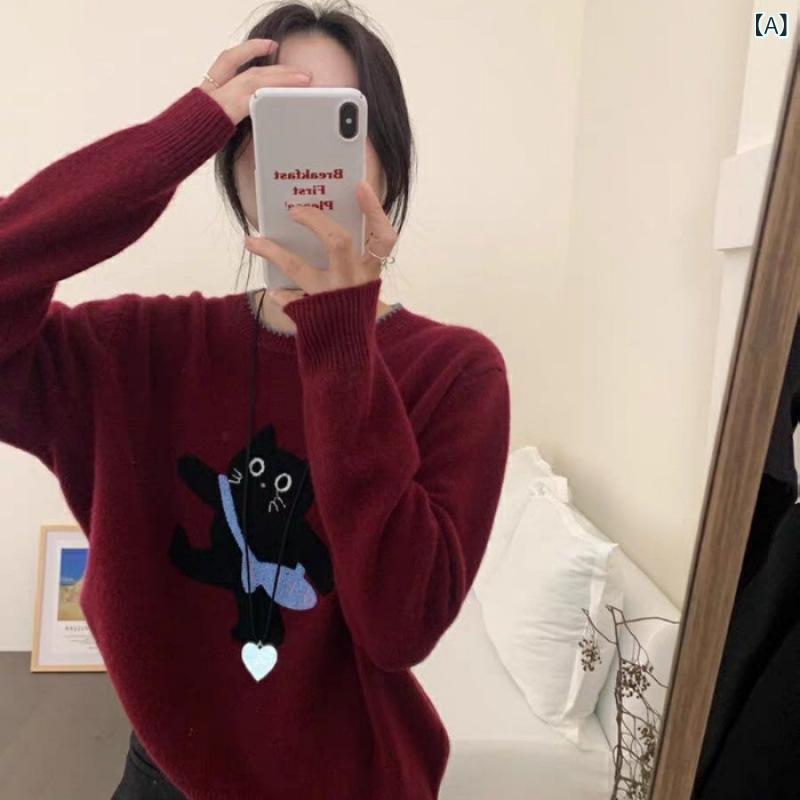 Three-Quarter Knit - ニット レディース かわいい 猫柄 プルオーバー 秋冬 韓国風 ファッション カジュアル 暖かい トップス 長袖 ドロップショルダー ゆったり 通勤 通学 着回し