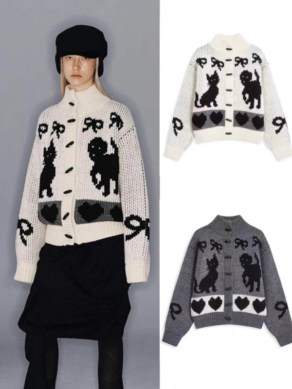 ・素材: 綿・柄: 動物柄・厚さ: 厚手・スタイル: カーディガン・組み合わせ形式: 単品・フィット: ゆったり・着丈: ミドル丈(65cm超80cm以下)・ネックライン: スタンドカラー・袖丈: 長袖・袖のタイプ: レギュラー袖・流行の要素: 配色・加工技術: 刺繍・カラー: グレー, オフホワイト・サイズ: S, M, L・スタイル: 韓国風・着用方法: カーディガン・主な素材の含有量: 80%-90%・前立て: シングルブレスト・対象年齢: 大人・対象性別: 女性・製品カテゴリ: セーター