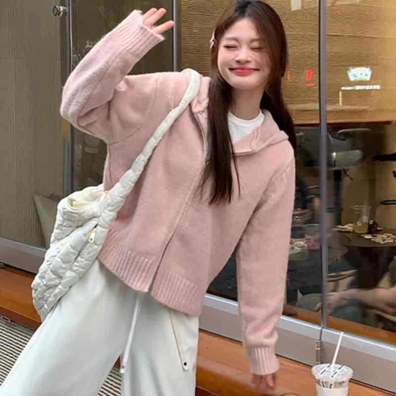 ニット レディース カーディガン 韓国風 配色 厚手 長袖 パーカー ショート丈 トップス 羽織り カジュアル かわいい グレー 灰 ピンク 桃色 ブルー 青 ブラック 黒