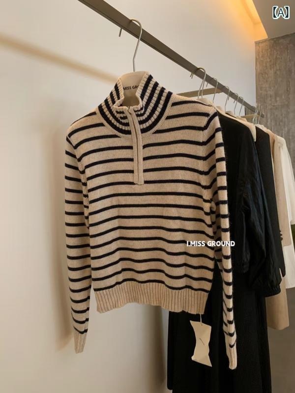 ニット レディース 長袖 ボーダー トップス カジュアル 普段使い あったか オートミール