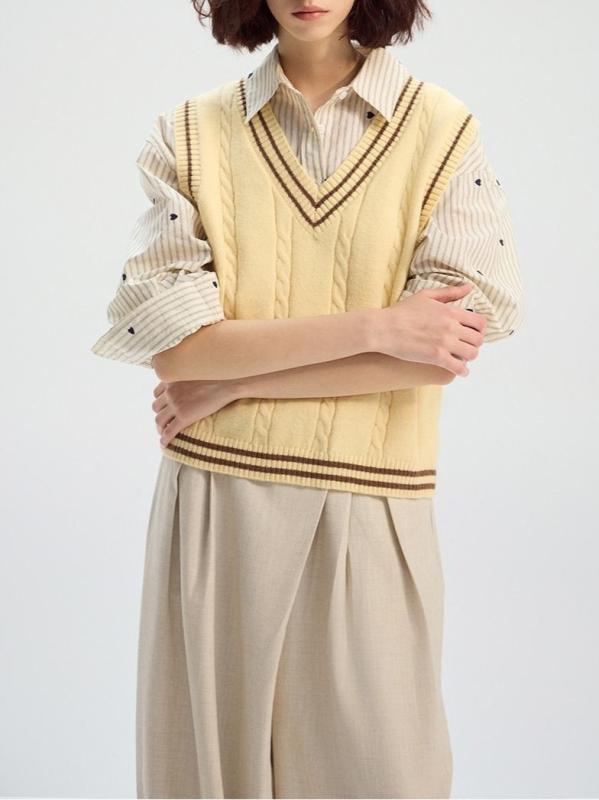 ニットベスト レディース 春秋 重ね着 薄手 Vネック ストライプ 配色 カジュアル 通勤 普段使い トップ..