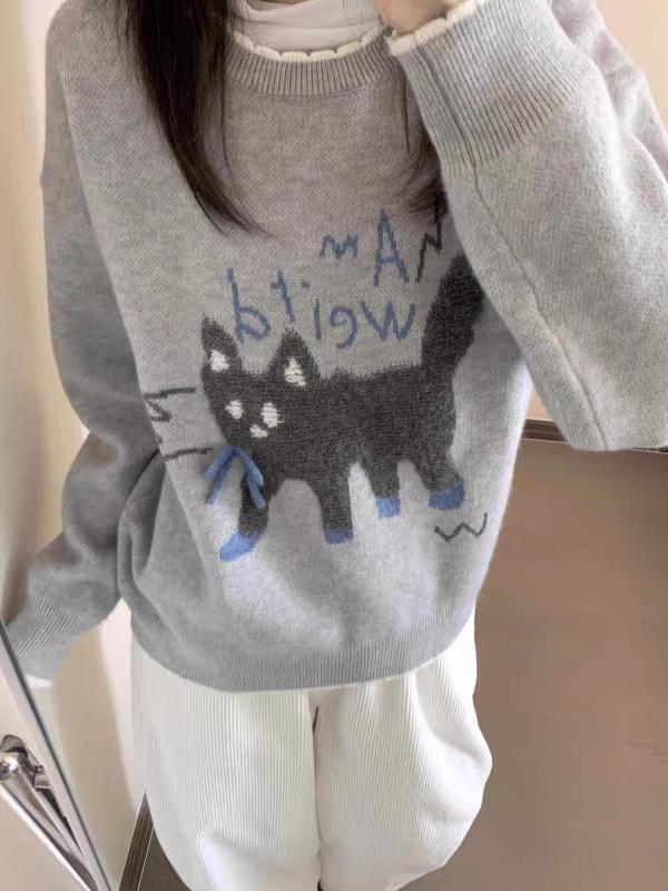 ニット レディース 猫 かわいい クルーネック プルオーバー 灰色 トップス 長袖 刺繡 柔らかい 秋冬 春 普段使い デート