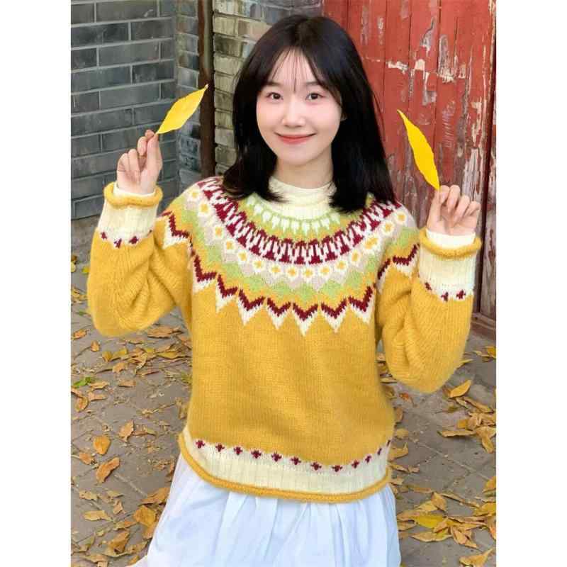 ニット レディース かわいい 秋冬 学生 ゆったり 厚手 セーター プルオーバー トップス 黄色 ポロ襟 普..