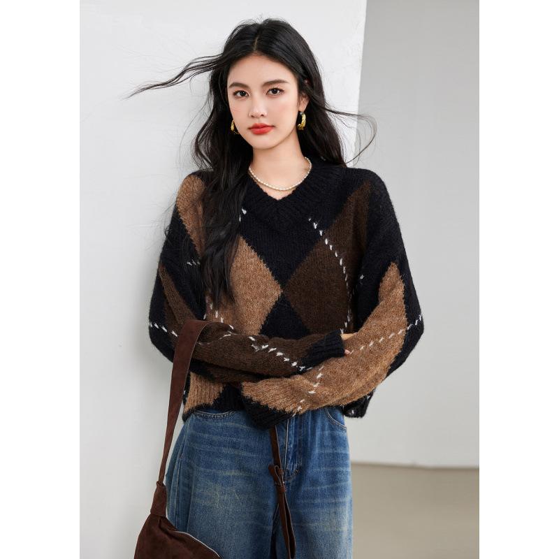 ニット レディース 長袖 Vネック 菱形 トップス ゆったり 伸縮性 あったか 通勤着 普段使い 春秋