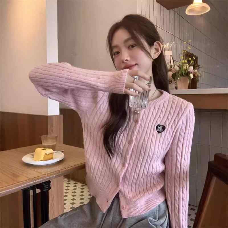 Long-Sleeved Knit - ニット レディース 長袖 秋 かわいい ふわふわ 丸首 刺繍 カーディガン トップス ピンク系 グレー 杏色 ブラック ゆったり 普段使い